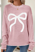 Pink Bow Pattern Contrast Trim Christmas Loose Graphic Sweater