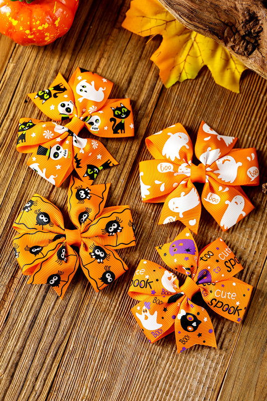 Citrus Ghost Spider Skull Printed Bow Halloween 4 Pcs Hair Clip Set