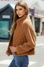 Chestnut Sherpa Plush Quilted Puffer Patchwork Zipped Coat