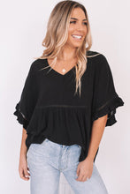 Ruffled Lace Detail Loose V Neck Top