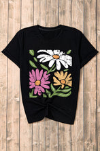 Black Retro Floral Print Crew Neck Casual T Shirt