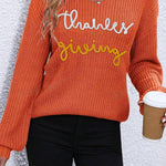 Gold Flame Thanks Giving Letter Graphic Crew Neck Sweater