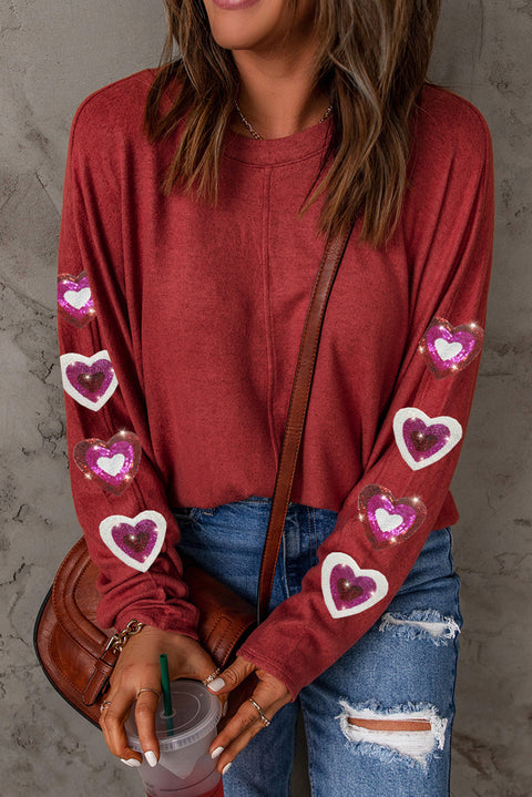 Red Shiny Heart Printed Sleeves Valentine Fashion Top