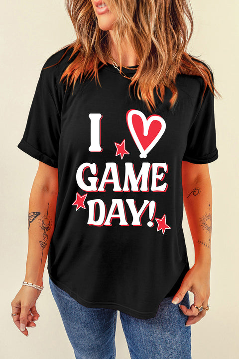 Black I Love GAME DAY Heart Printed Crewneck T Shirt