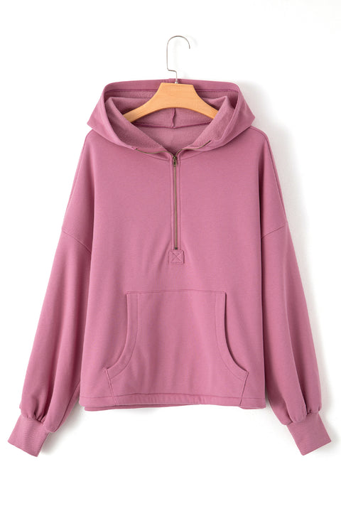 Valerian Fleece Lined Half Zipper Kangaroo Pockets Loose Hoodie