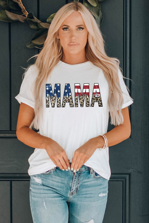 White MAMA Flag Leopard Letter Graphic Cotton T Shirt