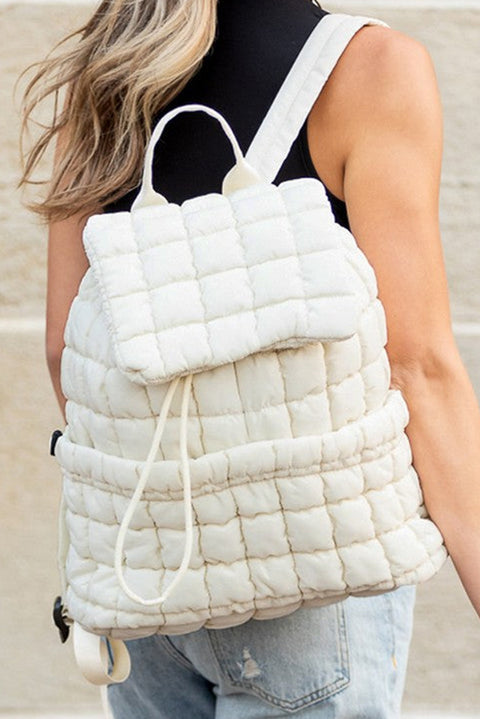 White Solid Flapped Quilted Puffer Backpack