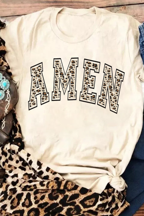 Caqui Camiseta gráfica de manga corta con estampado de leopardo AMEN