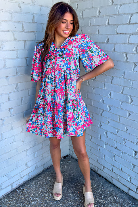 Multicolour Floral Short Sleeve V Neck Tiered Mini Dress