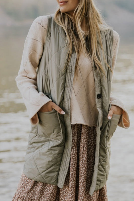 Grass Green Quilted Long Vest Jacket with Pockets