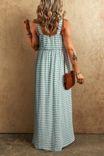 Green Stripe Shirred Frilled High Waist Sleeveless Loose Fit Maxi Dress