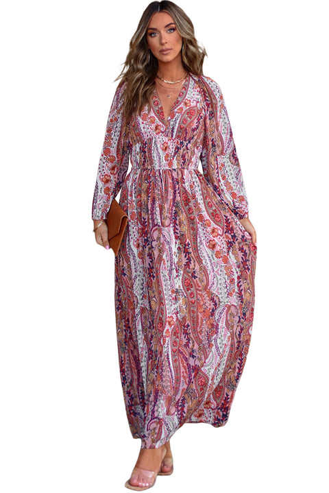 Vestido largo con estampado de paisley bohemio y cintura imperio con cuello en V multicolor 