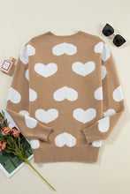 Khaki Contrast Heart Pattern Round Neck Sweater