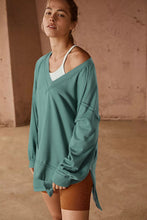 Green High Low Exposed Seam V Neck Loose Sweatshirt