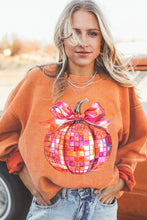 Orange Bow Pumpkin Graphic Crewneck Corded Thanksgiving Sweatshirt