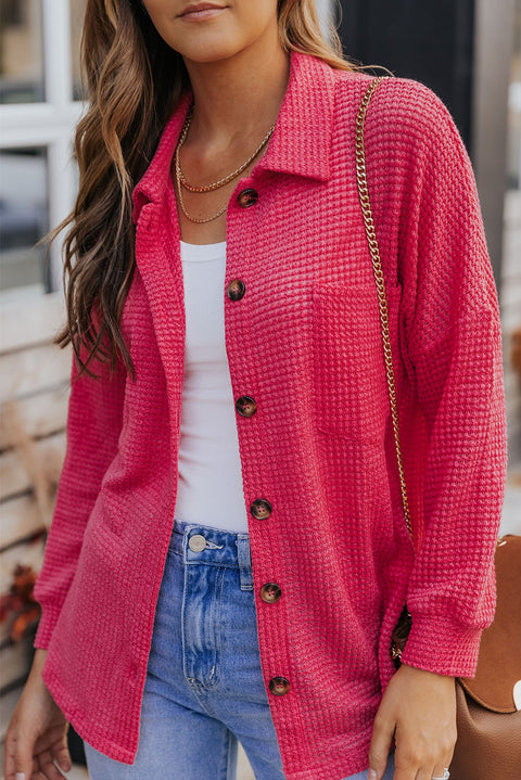 Pink Waffle Knit Button Up Casual Shirt