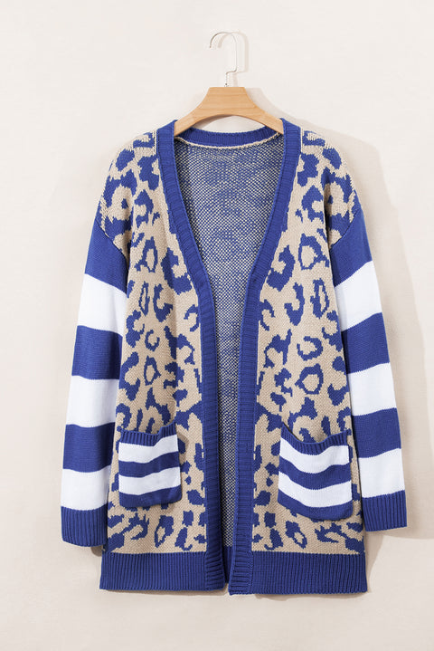 Dark Blue Stripe Sleeve Leopard Print Open Front Cardigan With Pockets