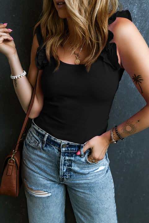 Black Ruffled Wide Straps Slim Tank Top