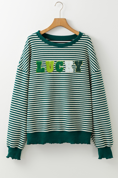 Green Stripe Chenille LUCKY Patched Pattern St Patrick Long Sleeve Top