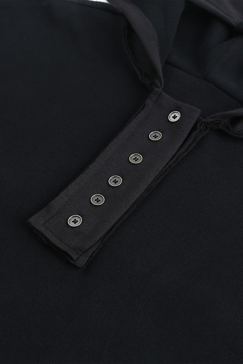 Casual Button Solid Patchwork Trim Hoodie