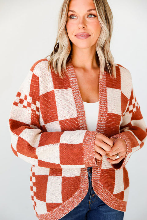 Chestnut Mix Checkered Open Front Knit Cardigan