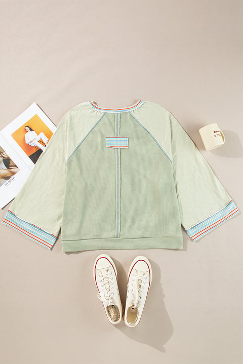 Meadow Mist Green Waffle Knit Wide Bracelet Sleeve Patchwork Raglan Top