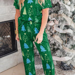 Green Christmas Tree Print V Neck Tee and Pants Lounge Set