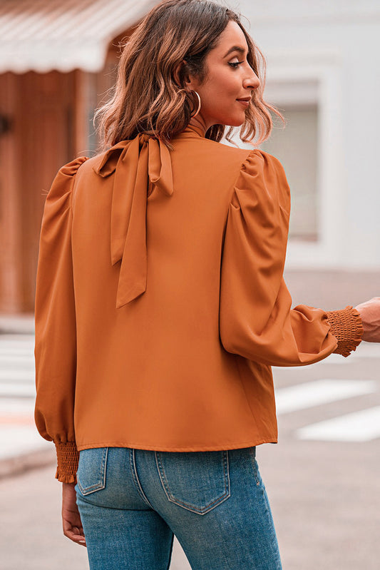 Blusa de gasa con cuello simulado y manga larga de burbuja naranja