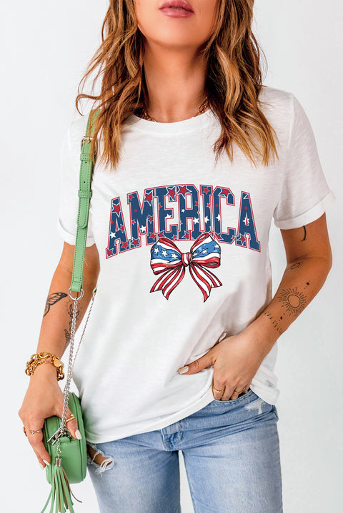 White AMERICA Flag Bow Knot Print Round Neck Top