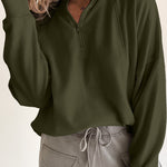 Jungle Green Zipped Neck Pullover Drop Shoulder Sweatshirt