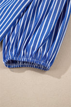 Blue Stripe Tied Front Puff Short Sleeve Blouse