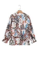 White Floral Print Balloon Sleeves Button Up Loose Casual Shirt