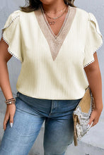 Beige Plus Contrast Guipure Lace Petal Sleeve Blouse