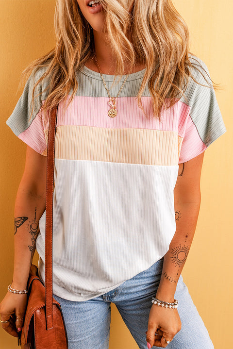 White Ribbed Color Block Patchwork T-shirt