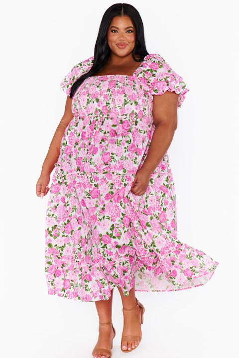 Pink Plus Size Floral Print Smocked Puff Sleeve Dress