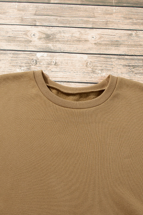 Camel Solid Fleece Lined Drop Shoulder High Low Sweatshirt