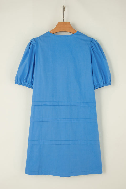 Blue Solid Color Pleated Puff Short Sleeve Shift Dress