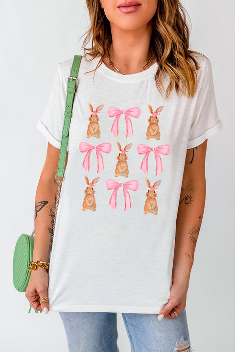 White Rabbit Bow Knot Print Crew Neck T Shirt