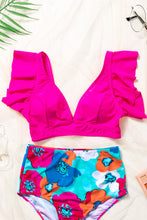 Rose Red Ruffled V Neck Swim Top