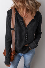 Black Acid Wash Waffle Knit Buttoned Neckline Long Sleeve Top