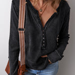 Black Acid Wash Waffle Knit Buttoned Neckline Long Sleeve Top