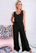 Black Crinkled U Neck Tank Top and Wide Leg Pants Set