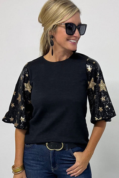 Black Star Sequin Splicing Half Sleeve Top