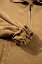 Brown Fleece Lined Half Zipper Kangaroo Pockets Loose Hoodie