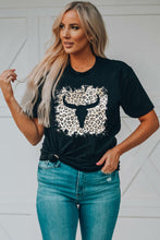 Black Western Leopard Steer Head Print Casual T Shirt