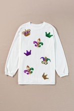 White Sequin Mardi Gras Symbol Crown Mask Patched Corded Sweatshirt