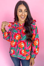 Rose Floral Print Pleated Ruffled O Neck Plus Size Blouse