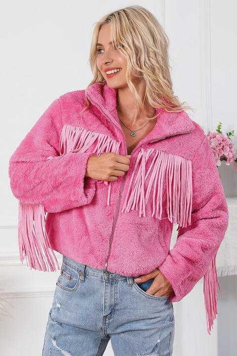 Chaqueta polar con cremallera completa y flecos rosa 