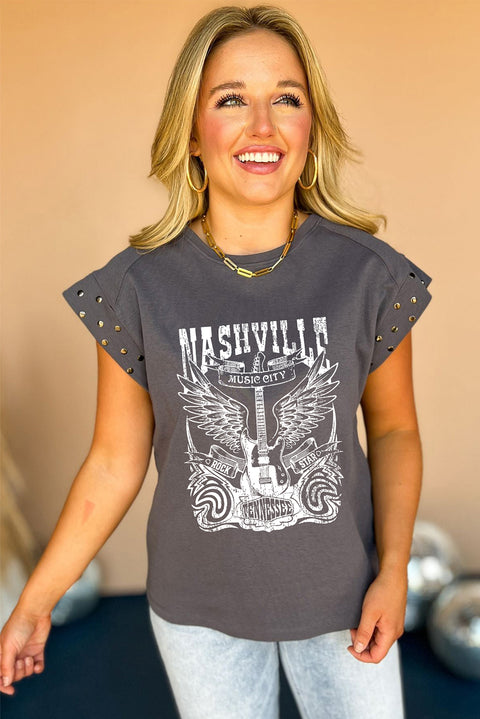 Dark Grey NASHVILLE Music City Stud Cuff Graphic Tee