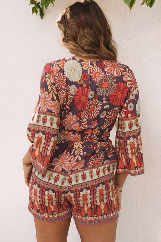 Vintage Printed 3/4 Sleeves V Neck Romper